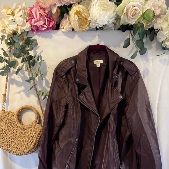 Style & Co Vintage Women Leather Like Jacket Biker Bomber Brown Burgundy Moto XL - Picture 2 of 11
